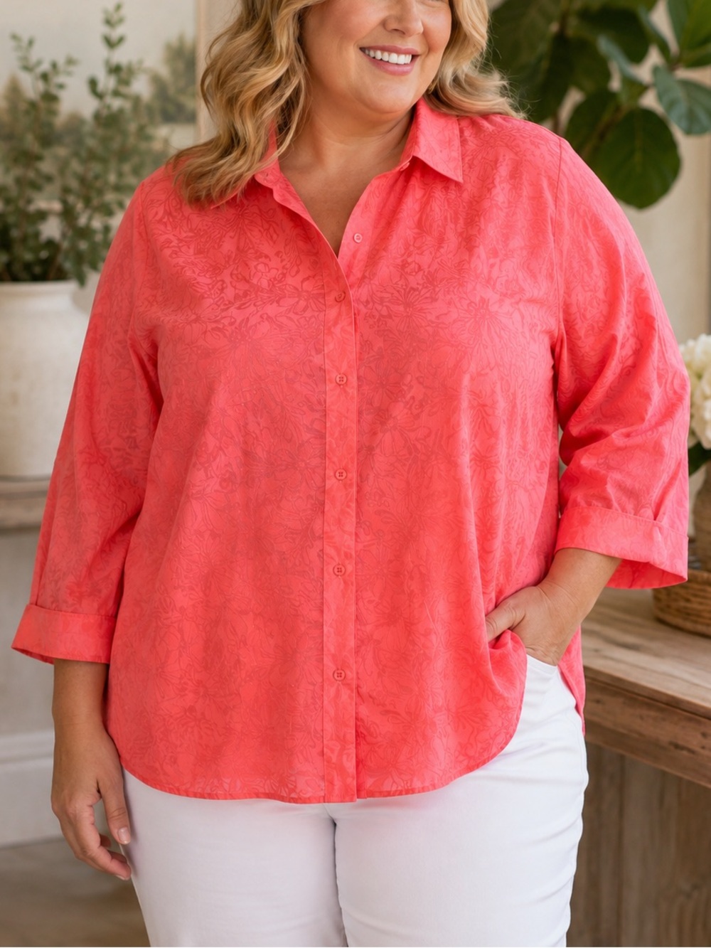 Penmans Plus Coral Floral Textured Sheer Button-Down 3/4 Sleeve Button 3X Shirt